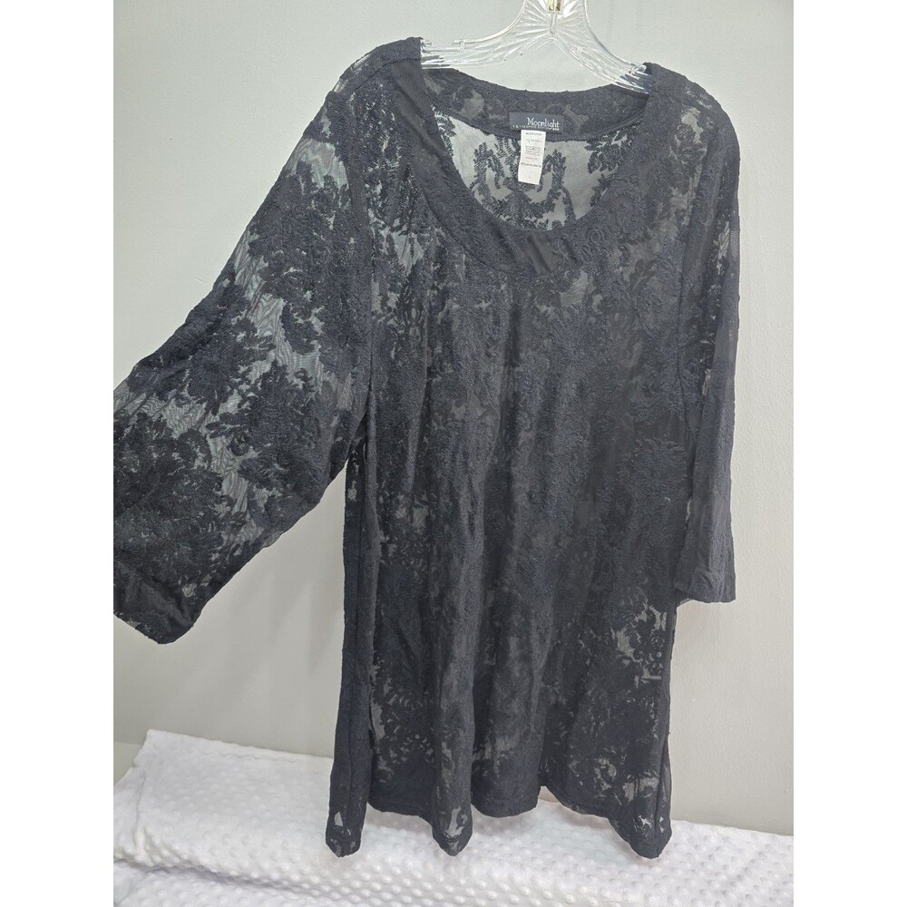 Moonlight Womens L Black Floral Lace Sheer V-Neck 3/4 Sleeve Tunic Blouse Shirt